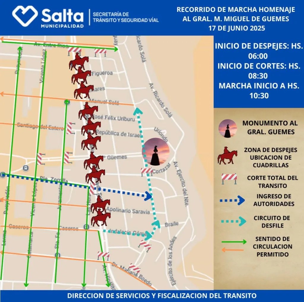 Operativos de tránsito por los actos en honor a Güemes: cortes y desvíos desde el&nbsp;lunes