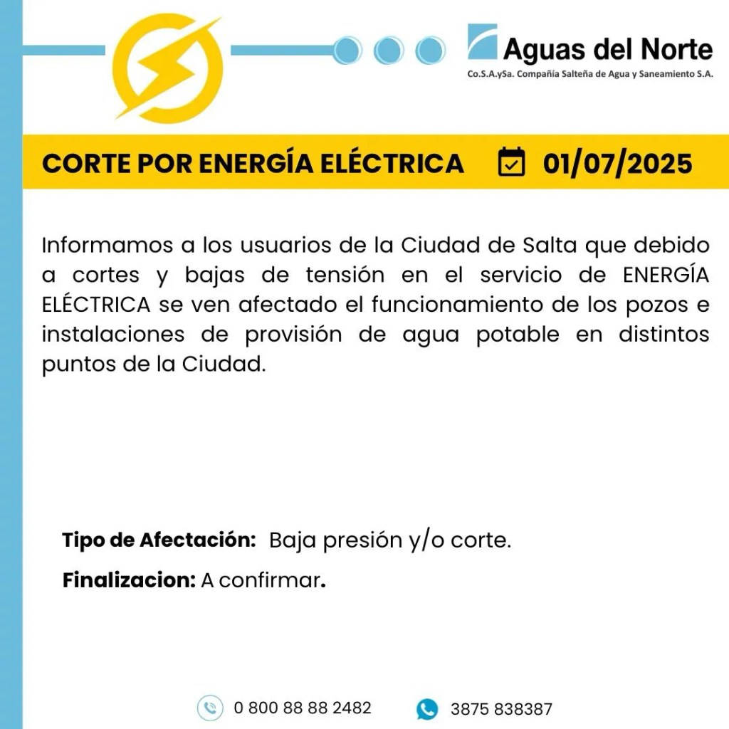 Cortes de luz afectan el suministro de agua en la Ciudad de Salta&nbsp;hoy